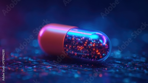 A vibrant, glowing capsule filled with multicolored particles, set against a dark, digital background, creating a futuristic aesthetic.