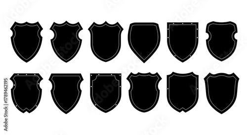 Collection of diverse black shield silhouettes with distressed textures and varied shapes for heraldry and design