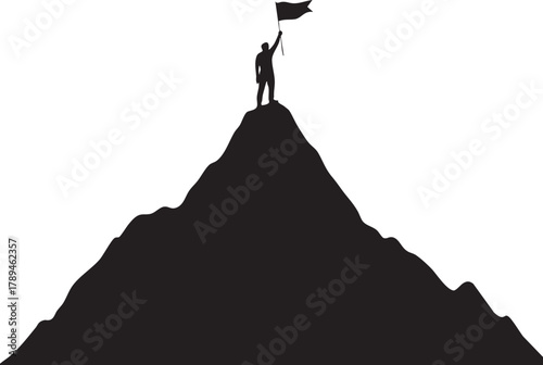 Silhouetted figure victoriously waves flag atop mountain, showing achievement, challenge, and success in transparent background