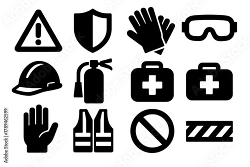 Safety Precautions Icons. General Safety Precautions silhouette icon set: warning sign, shield, gloves, goggles, helmet, fire extinguisher, first aid kit, safety cone, hand stop