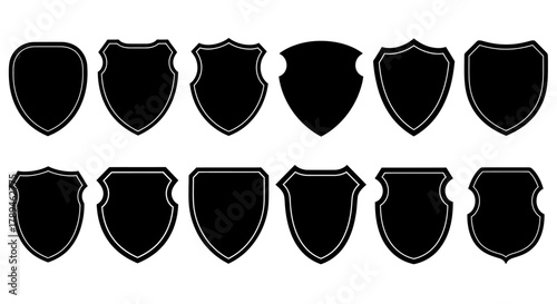 Collection of blank black heraldic shields and crests in various shapes and styles