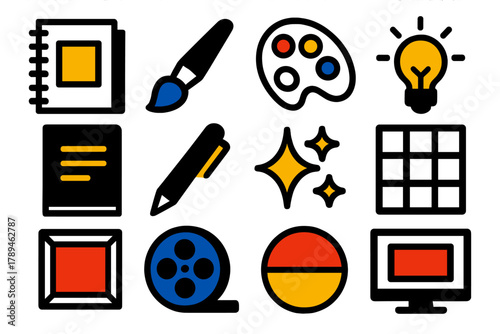Artistic Study Icons. Creative Studying silhouette icon set: sketchbook, paintbrush, color palette, idea bulb, notebook, pen, sparkles, design grid, art frame, film reel, gradient