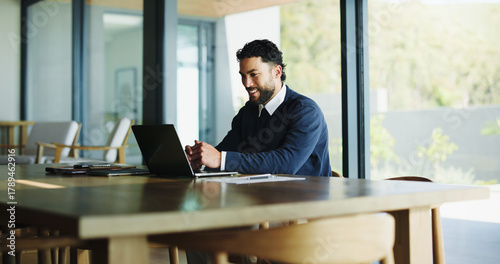Obraz na płótnie Laptop, happy and research with business man in office for real estate broker, property listing and planning