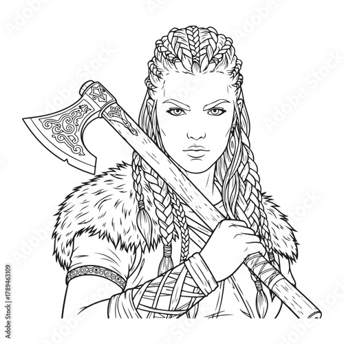Female Viking Warrior with Braids Holding Axe, Norse Hero colouring page