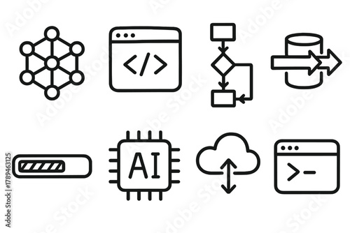 AI Icon Doodle Set. AI Development outline icons: neural network builder, code editor window, algorithm workflow, data integration pipeline, training progress bar, AI chip icon,