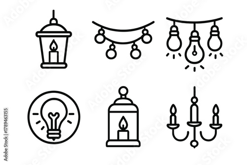 Decorative Lighting Icons. Decorative Lights linear icon set: hanging lanterns, fairy lights, glowing bulb string, neon sign, candle lamp, chandelier.