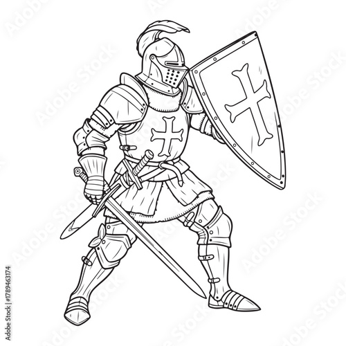Medieval Knight with Shield and Sword, Heroic Warrior colouring page