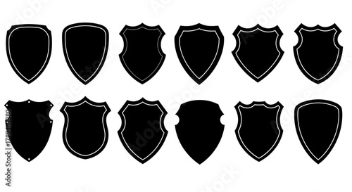 Collection of diverse shield silhouettes in a vintage hand drawn style on a white background