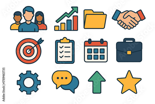 Teamwork Icons Set. Team Organization flat icons: people group, chart, folder, handshake, target, clipboard, calendar, briefcase, gear, speech bubble, arrow, star.