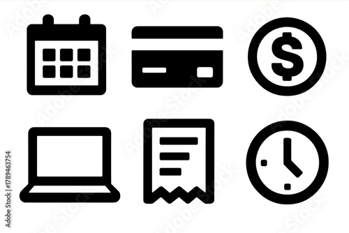 Subscription Payment Icons. Subscription payment silhouette icon set: calendar, credit card, dollar coin, laptop, receipt, clock.