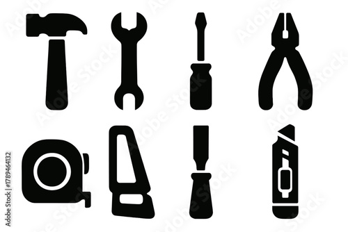 Brutalist Hand Tools Icons. Hand Tools silhouette icon set: hammer, wrench, screwdriver, pliers, tape measure, saw, chisel, utility knife.