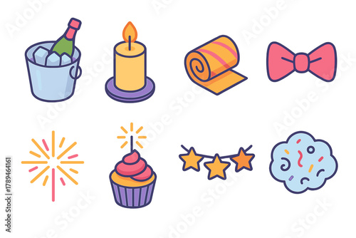 Vibrant Celebration Icons. Happy Event Symbols modern flat icons set: champagne bucket, glowing candle, streamer roll, bow tie, fireworks burst, cupcake with sparkler, star garland
