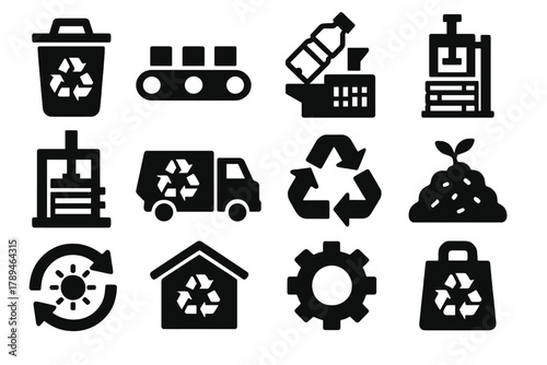 Bold Recycling Icons. Recycling Process silhouette icon set: sorting bin, conveyor, bottle crusher, paper baler, metal press, truck, recycling arrows, compost pile, renewable