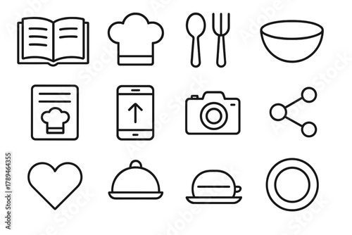 Culinary Icon Collection. Recipe Sharing linear icon set: open book, chef hat, spoon, fork, mixing bowl, recipe card, smartphone, upload arrow, camera, share icon, heart, dish
