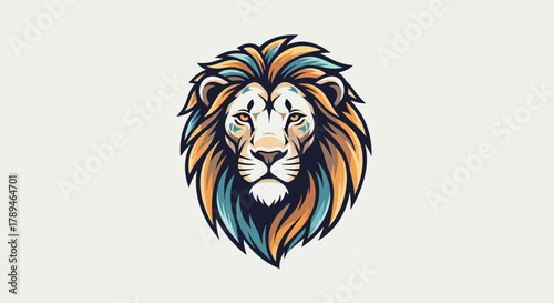 A stylized lion head illustration with a detailed mane in shades of gold, brown, and blue.