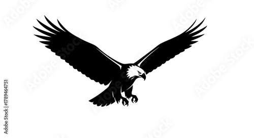A majestic eagle soars with wings spread wide, captured in a striking black and white illustration.