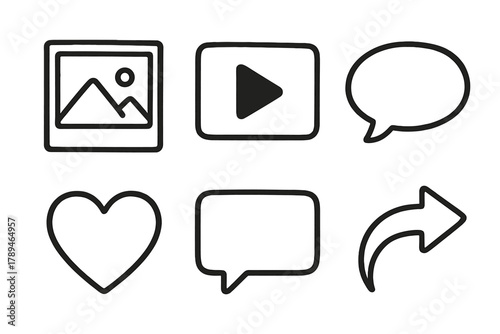 Social Media Icons. Media Posts outline icons: photo frame, video play button, text bubble, heart like icon, comment box, share arrow.