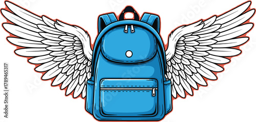 Blue backpack with white wings, fantasy school bag design, flying concept, flat vector illustration, cad drawing style, kids creativity