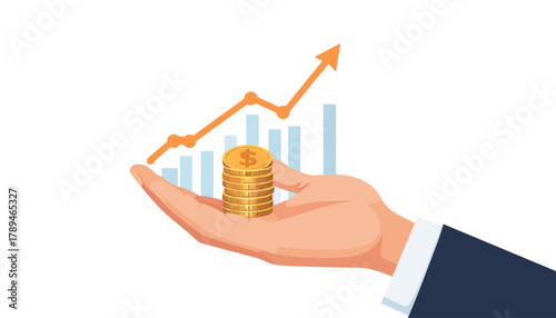Hand holding a stack of gold coins symbolizing robust financial growth and successful investment strategies, with a rising bar chart indicating increasing profits and economic prosperity
