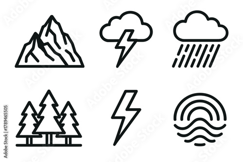 Mountain Storm Icons. Mountain Thunder linear icon set: rocky peak, storm cloud, bright lightning, heavy rain, forest outline, echo wave.