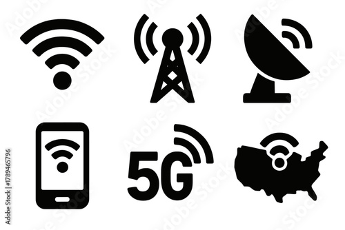 Wireless Network Icons. Wireless Networking silhouette icon set: Wi-Fi antenna, signal tower, satellite dish, mobile hotspot, 5G symbol, network coverage map.