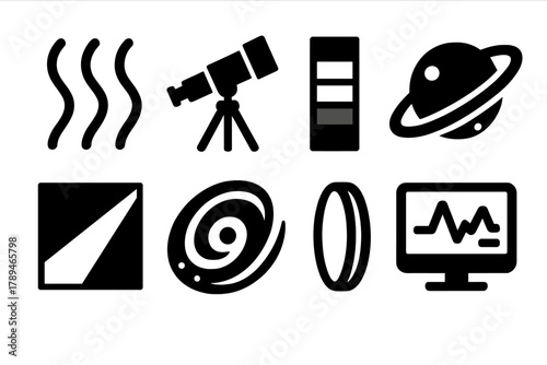 Infrared Astronomy Icons. Infrared Astronomy silhouette icon set: thermal wave, telescope, spectrum bar, planet, light beam, galaxy, lens, data monitor.