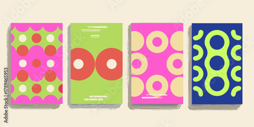 Collection of four vibrant abstract geometric pattern designs on rectangular cards with shadow effects