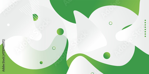 Green and white abstract background with fluid curved shapes n geometric circle elements. Modern fresh design suitable for eco themes, nature concepts, organic products, n clean digital presentations.
