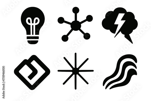 Brutalist Innovation Icons. Creative Innovation silhouette icon set: lightbulb idea, mind map, brainstorming cloud, abstract concept, spark icon, inspiration flow.