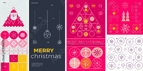 Modern geometric christmas graphics featuring santa claus snowflakes ornaments and trees in pink and yellow