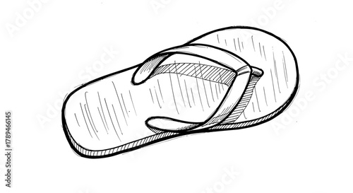 A single flip-flop sandal, depicted in a detailed black and white sketch style, isolated on a white background.