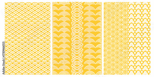 Collection of five seamless geometric patterns in yellow and white with traditional japanese and tribal influences