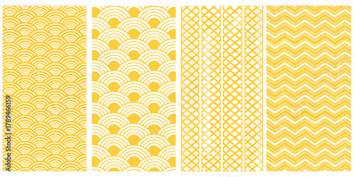 Collection of five seamless yellow and white geometric patterns with wave and chevron designs