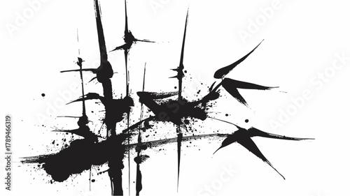 Traditional oriental ink bamboo painting with bold brush strokes and splatter texture on white background