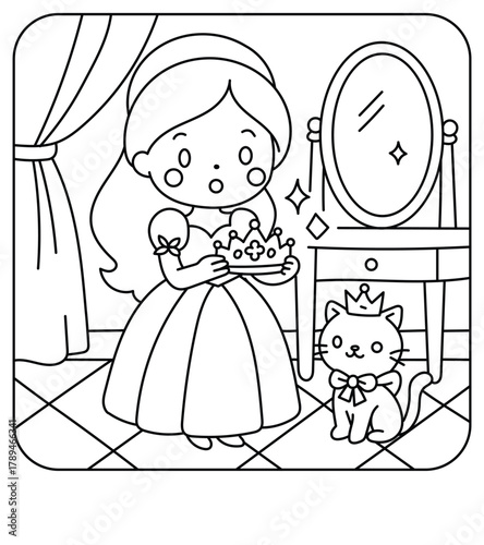 Cute princess holding crown with royal cat in dressing room coloring page