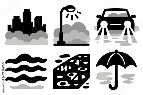 Brutalist City Fog Icons. City Fog silhouette icon set: skyline silhouette, streetlight glow, car headlights, fog layer, wet pavement, umbrella.