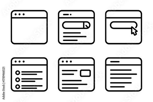 Web Search Icons. Web Search linear icon set: browser window, search engine page, keyword typing, result ranking, link preview, highlighted text.