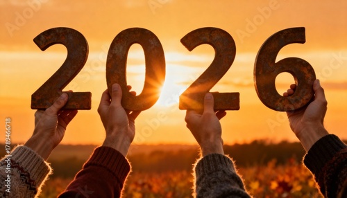 Hands holding 2026 numbers at golden sunset