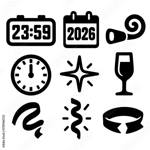 Brutalist New Year Icons. New Year Countdown Set silhouette icon set: digital clock, calendar page 2026, party horn, champagne flute, clock striking midnight, glowing star,
