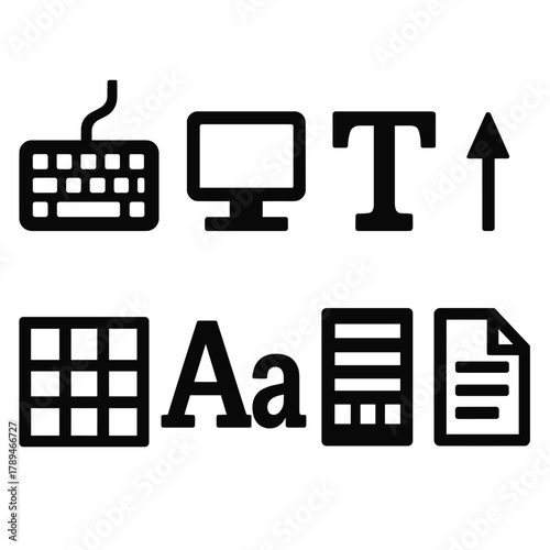 Brutalist Typography Icons. Digital Typography silhouette icon set: keyboard, monitor, type icon, text cursor, grid, font size symbol, style panel, document.