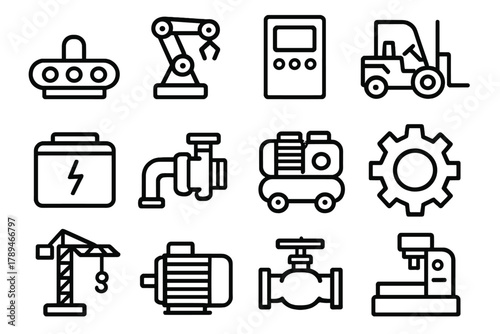 Industrial Icons Compilation. Industrial Equipment Set linear icon set: conveyor belt, robotic arm, control panel, forklift, generator, pump, compressor, gear, crane, motor, valve,