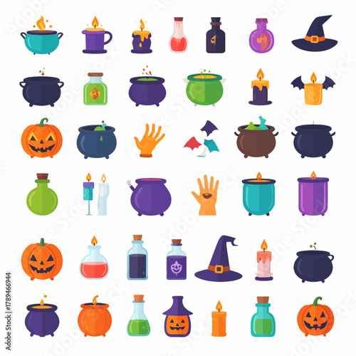 A vibrant collection of flat design icons for Halloween, featuring witch cauldrons, magic potions, spooky pumpkins, and mystical candles