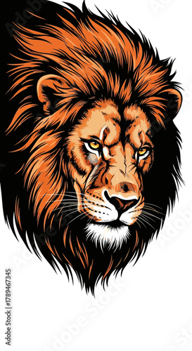 A striking illustration of a lion's head, showcasing detailed fur and intense gaze.