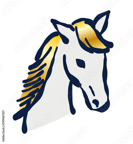 日本の2026年の干支「午」。右を向いて下を向く白馬の横顔。The Japanese zodiac sign for 2026 is "horse." A profile of a white horse facing right and looking down.