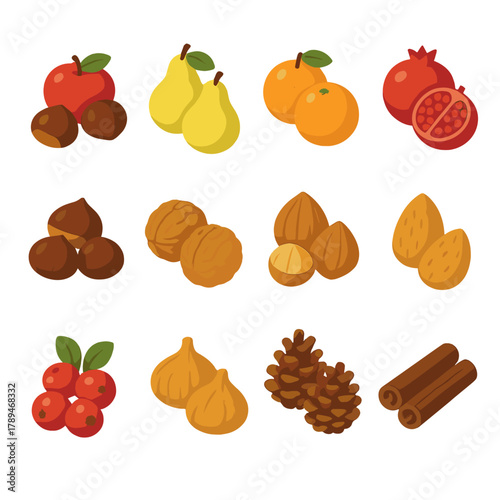 Winter Harvest Icons. Winter Harvest Basket modern flat icons set: apples, pears, oranges, pomegranates, chestnuts, walnuts, hazelnuts, almonds, cranberries, dried figs, pinecones,