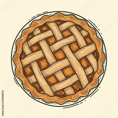 Top-down view of a freshly baked apple pie with a lattice crust, presented on a plate.
