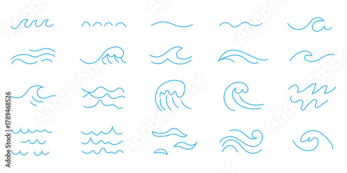 Wave sea line doodle icon set vector. Hand drawn sketch water wave outline. Simple curve, scribble aqua flow symbol. vector illustration.