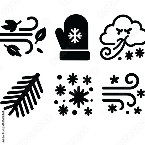 Brutalist Winter Icons. Winter Winds silhouette icon set: gust lines, flying leaves, mitten, cold cloud, pine branch, blowing snow.