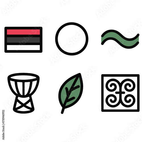 Colorful Unity Icons. Unity in Color linear icon set: red band, black circle, green wave, drum, leaf, heritage motif.