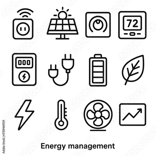Energy Icon Set. Energy Management linear icon set: smart plug, solar panel, light dimmer, thermostat, energy meter, power cord, battery, leaf icon, lightning bolt, temperature